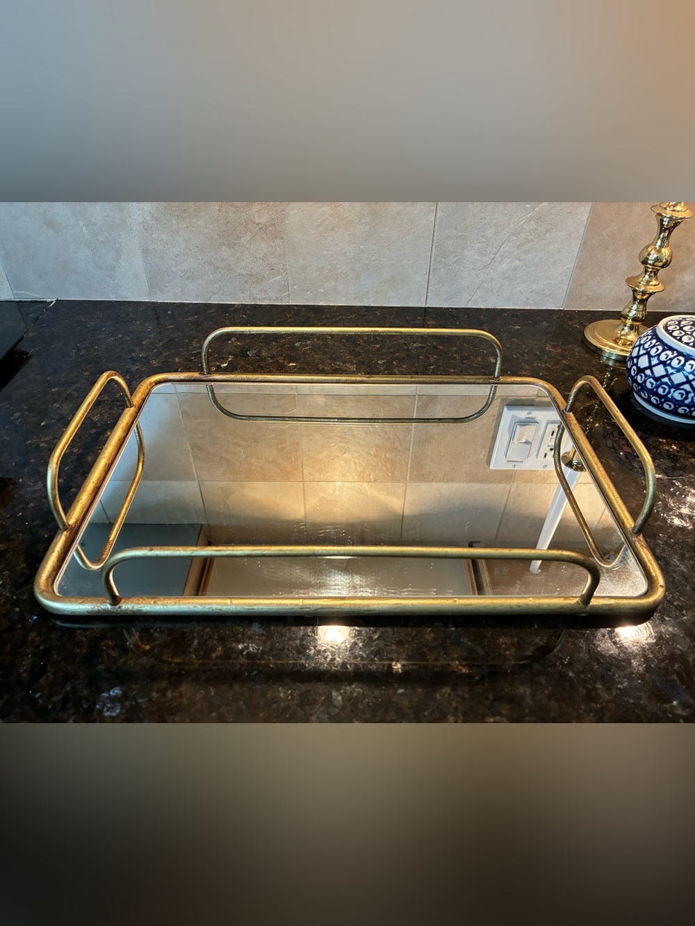 Source Unknown Gold-Tone Mirrored Vanity Tray with Handles